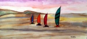 Peinture de roselyne halluin: chars à voile en baie de Somme