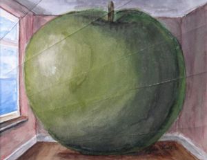 Voir cette oeuvre de Roselin-Art: Aquarelle. Pomme pliée. D'après Magritte