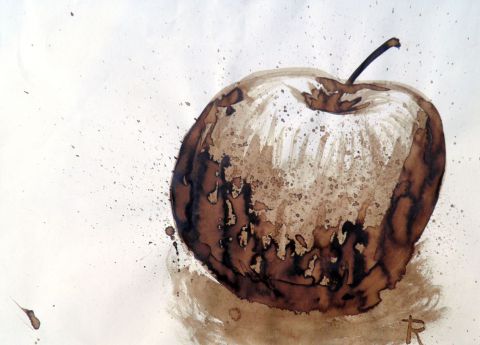 Dessin au brou de noix. Pomme - Peinture - Roselin-Art