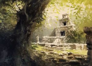 Peinture de Alexis Le Borgne: Ruines Maya 