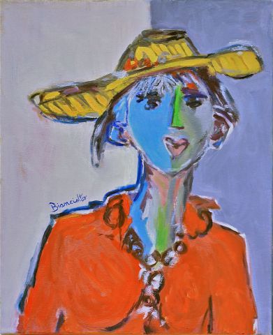 jeune femme au chapeau d'or - Peinture - bianciotto