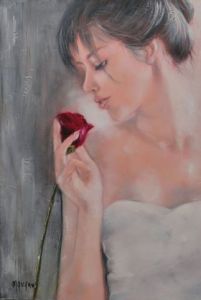 Peinture de MARTINE GREGOIRE: Femme à la rose rouge