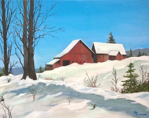 Vieille ferme sous la neige - Peinture - Henri SACCHI