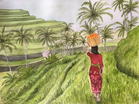 cueillette des fleurs au Vietnam - Peinture - Germaine Mauclere