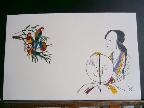 L'artiste Akino - femme aux perroquets