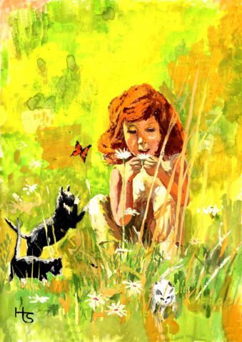 la fillette aux chatons - Peinture - Henri SACCHI