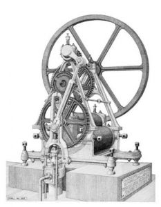 Dessin de Francois MOLL: Machine à vapeur verticale & moulins - Parc de la distillerie Saint James - Sain