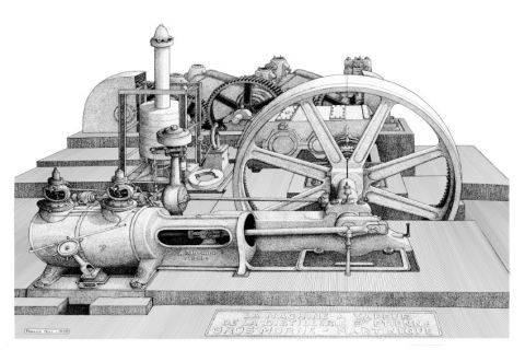 Machine à vapeur de la distillerie Saint Etienne (1) - Gros Morne - Martinique - Dessin - Francois MOLL