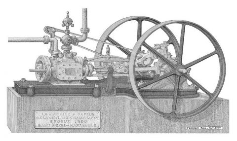 Machine à vapeur (1870) Parc de la distillerie Saint James - Sainte Marie - Mart - Dessin - Francois MOLL