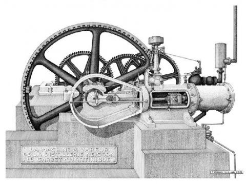 Machine à vapeur de la distillerie Neisson - Carbet - Martinique - Dessin - Francois MOLL