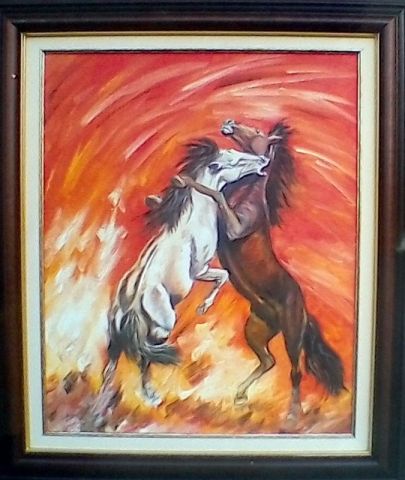 bataille de chevaux - Peinture - charles 