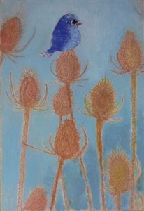 Peinture de ETIENNE Gaetane: Petit oiseau bleu sur chardons