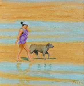 Peinture de christian riado: promenade du chien