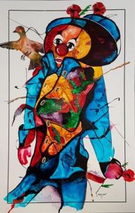 Peinture de van - mo: l'enfant clown et l'oiseau