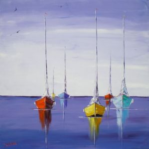 Bateaux rouges peints à la main peignant par le couteau de palette, peinture  acrylique abstraite sur le dock