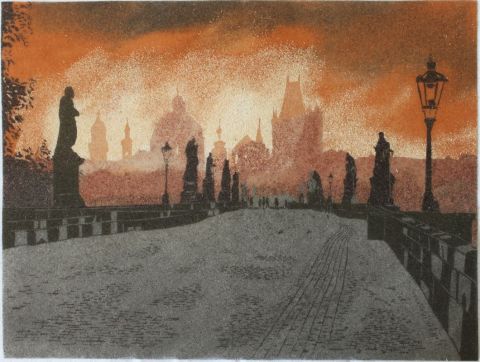 L'artiste VISNA - PRAHA - Le Pont Charles vers la vieille ville la nuit