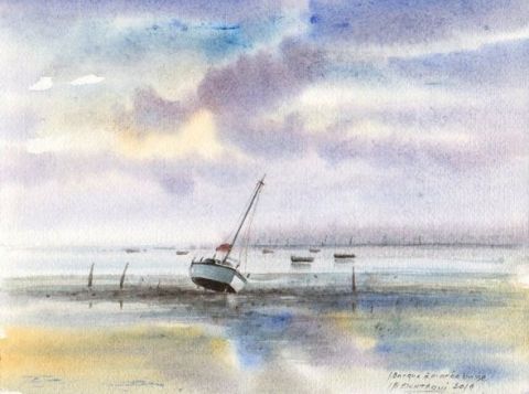 Barque sur la plage à Marée basse 2019 - Peinture - Bek Aquarelle