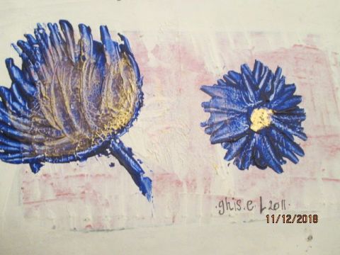 composisition fleurs bleu;;or  - Peinture - GHIS