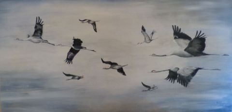 Un vol de grues - Peinture - Christian Bligny
