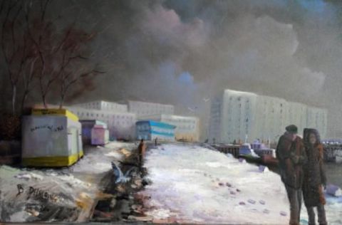 L'artiste bernard delalaing - port de Boulogne sous la neige 