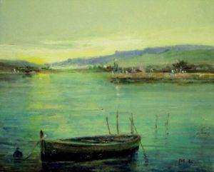Peinture de marpielo: barque sur l'étang