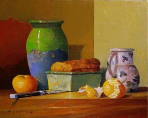 Peinture de marpielo: Cake, mandarines, vase, pichet