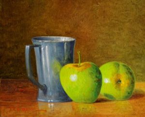 Peinture de marpielo: pichet d'étain aux pommes
