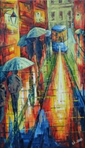 Peinture de Gerard SERVAIS: pluie et lumière sur la ville