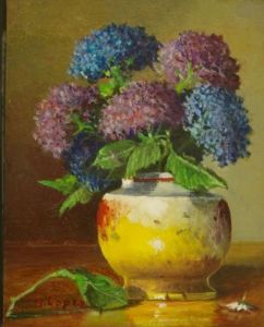 Peinture de marpielo: vase aux hortensias