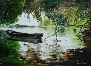 Peinture de Jean-Pierre Henichart: Barque sur le lac