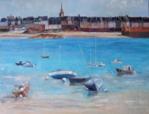 Peinture de Meryl QUIGUER: Bateaux et bouées devant St Malo