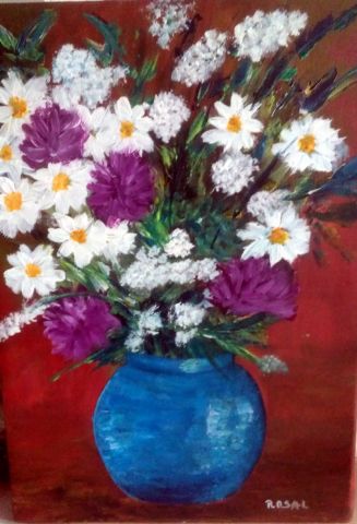 brassée de fleurs dans un vase - Peinture - roselyne halluin