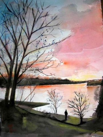 Coucher de soleil sur le lac - Peinture - Hano Pierre