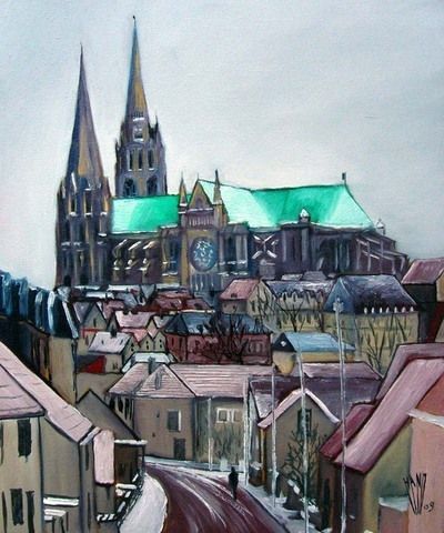 Chartres sous la neige - Peinture - Hano Pierre