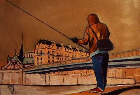 Le pêcheur de Paris - Peinture - Hano Pierre