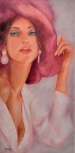 Peinture de MARTINE GREGOIRE: Élégante au chapeau rose