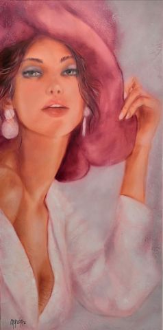 L'artiste MARTINE GREGOIRE - Élégante au chapeau rose