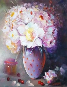 Peinture de bernard delalaing: pot de fleurs 