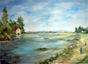 Peinture de claude gobalian: dimanche au bord de l'eau