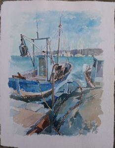Peinture de Jean Schuck: Bretagne Aquarelle Bateaux de pêche au port .