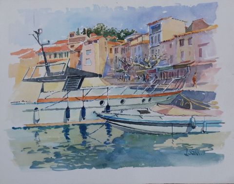 Cassis, Le port, Aquarelle signée de l'artiste Jean Schuck, - Peinture - Jean Schuck
