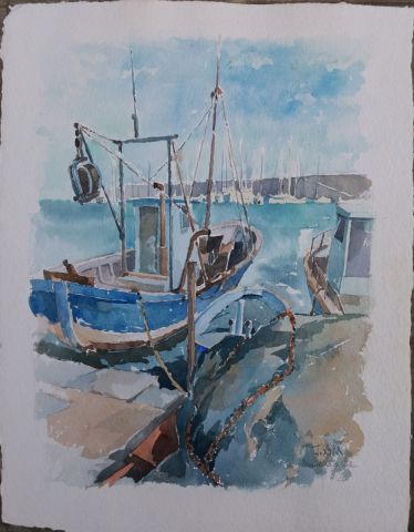 Bretagne Aquarelle Bateaux de pêche au port . - Peinture - Jean Schuck