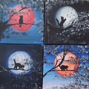 Peinture de johann mastil: lot de 4 toiles une vie de chat