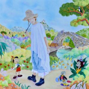 Peinture de martine alison: La fée bleue a rendez-vous avec Pinocchio au pont des fées à Grimaud