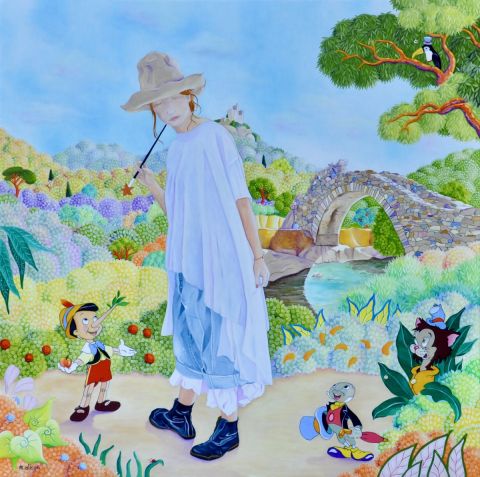 L'artiste martine alison - La fée bleue a rendez-vous avec Pinocchio au pont des fées à Grimaud