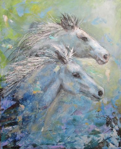Deux chevaux bleus - Peinture - christine chaussade