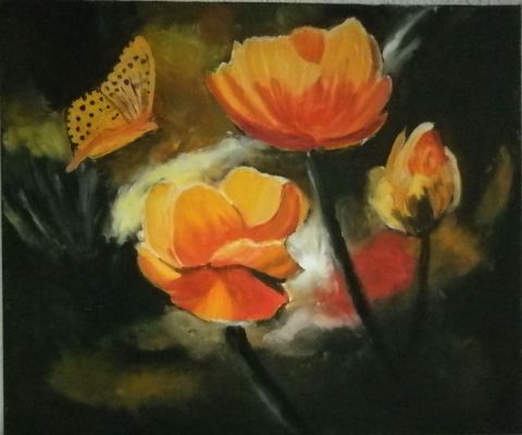 Le papillon et les fleurs - Peinture - Maryaude