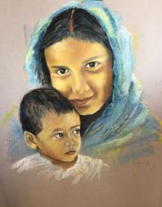 Peinture de janine chetivet: jeune mère marocaine