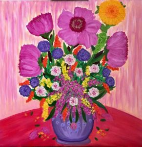 Peinture de jean pierre MALLET: Vase fleurs sur table