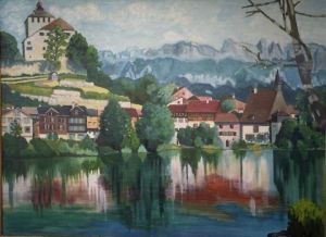 Peinture de claude LOTH: Village ancien en bord d'un lac en Suisse Alémanique 